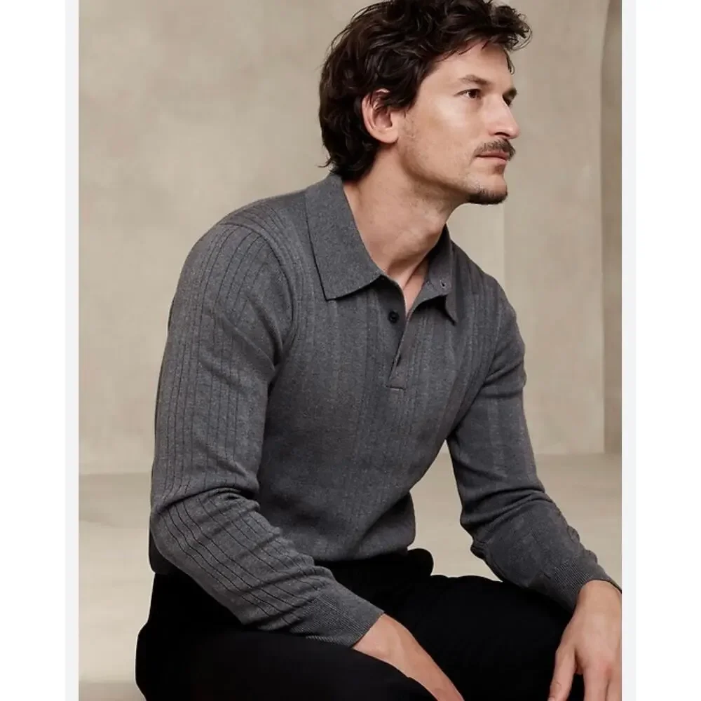 NWT $100 Banana Republic Organic Cotton Ribbed Sweater Polo Long Sleeve Mens L
